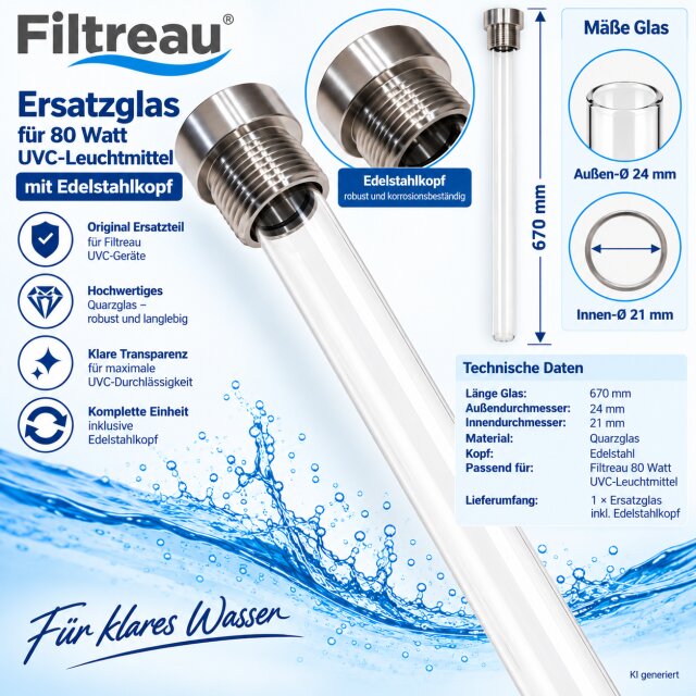 Filtreau Ersatzglas 670 mm für 80 Watt UVC-Leuchtmittel mit Edelstahlkopf
